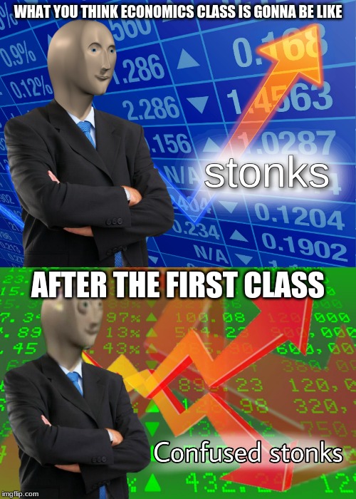 WHAT YOU THINK ECONOMICS CLASS IS GONNA BE LIKE; AFTER THE FIRST CLASS | image tagged in stonks,confused stonks | made w/ Imgflip meme maker
