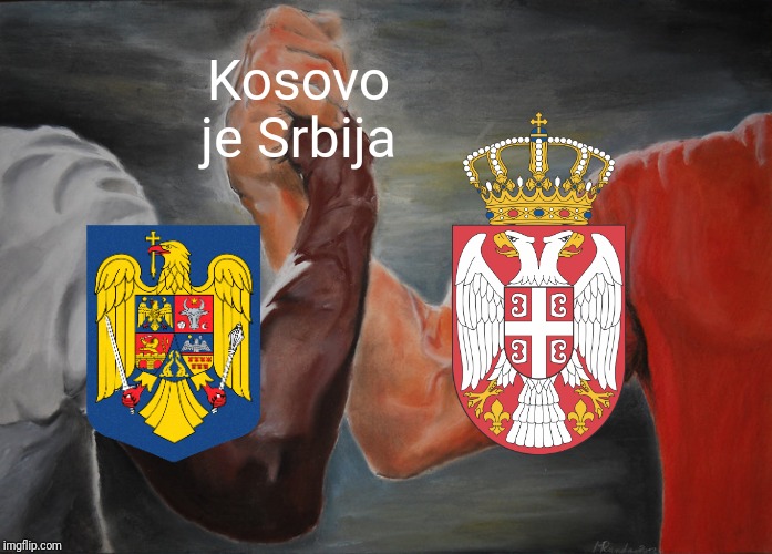 lel | K; Kosovo je Srbija | image tagged in memes,epic handshake,romania,serbia | made w/ Imgflip meme maker