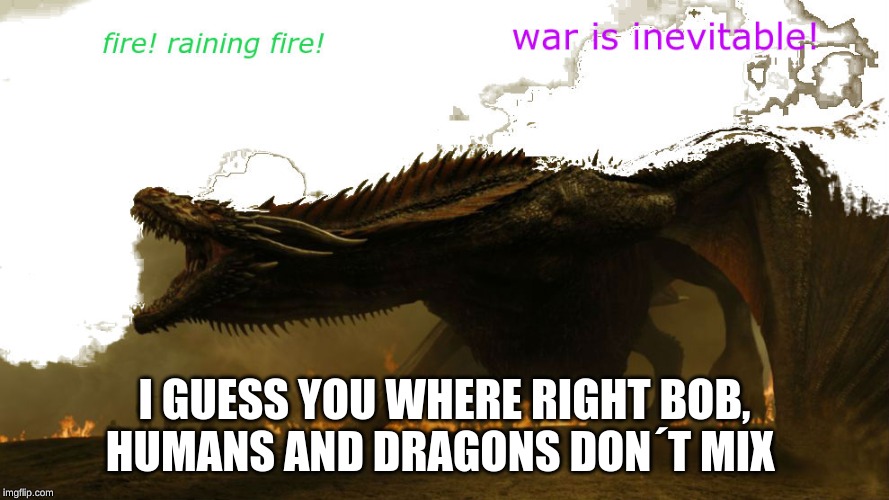 dragons | I GUESS YOU WHERE RIGHT BOB, HUMANS AND DRAGONS DON´T MIX | image tagged in dragons | made w/ Imgflip meme maker