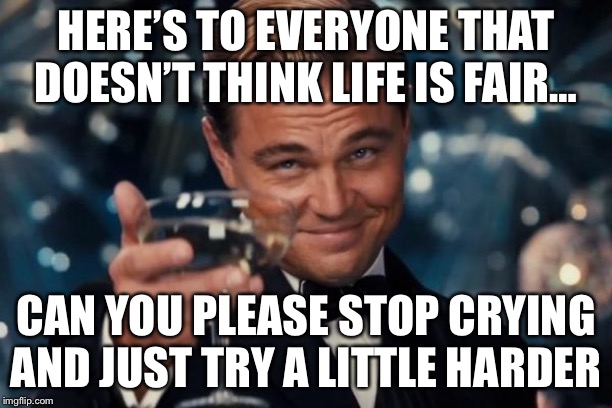 Leonardo Dicaprio Cheers Meme | HERE’S TO EVERYONE THAT DOESN’T THINK LIFE IS FAIR…; CAN YOU PLEASE STOP CRYING AND JUST TRY A LITTLE HARDER | image tagged in memes,leonardo dicaprio cheers | made w/ Imgflip meme maker