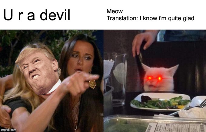 Woman Yelling At Cat Meme | U r a devil; Meow
Translation: I know i'm quite glad | image tagged in memes,woman yelling at cat | made w/ Imgflip meme maker