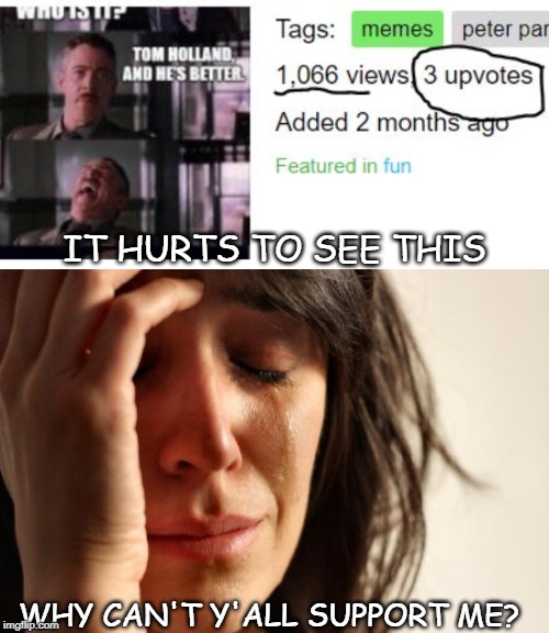 I am begging for upvotes | IT HURTS TO SEE THIS; WHY CAN'T Y'ALL SUPPORT ME? | image tagged in memes,first world problems | made w/ Imgflip meme maker