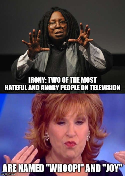 Heard on radio today, but made perfect sense...bitter bitter bitter. | IRONY: TWO OF THE MOST HATEFUL AND ANGRY PEOPLE ON TELEVISION; ARE NAMED "WHOOPI" AND "JOY" | image tagged in whoopi goldberg crazy,joy behar | made w/ Imgflip meme maker