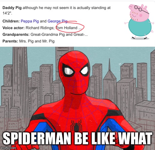Why TOM | SPIDERMAN BE LIKE WHAT | image tagged in spiderman,peppa pig,memes,crazy,what if i told you | made w/ Imgflip meme maker