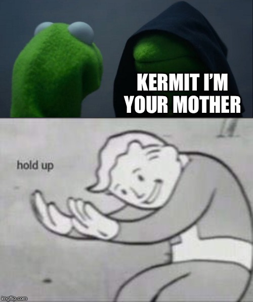 KERMIT I’M YOUR MOTHER | image tagged in memes,evil kermit,fallout hold up | made w/ Imgflip meme maker