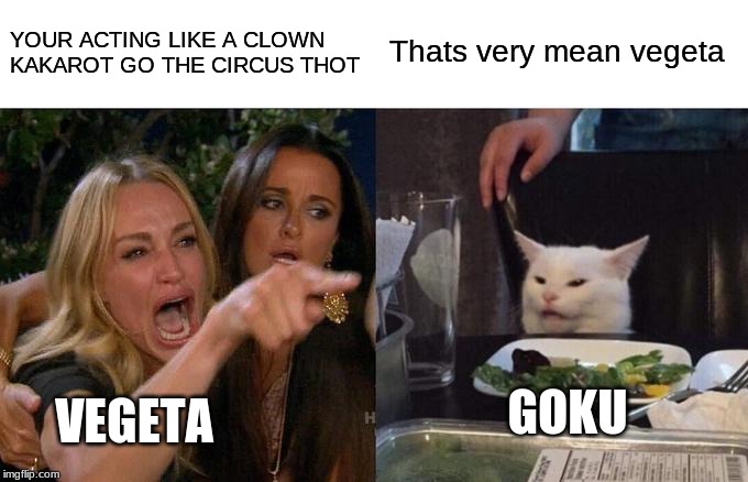 Woman Yelling At Cat Meme | YOUR ACTING LIKE A CLOWN KAKAROT GO THE CIRCUS THOT Thats very mean vegeta VEGETA GOKU | image tagged in memes,woman yelling at cat | made w/ Imgflip meme maker