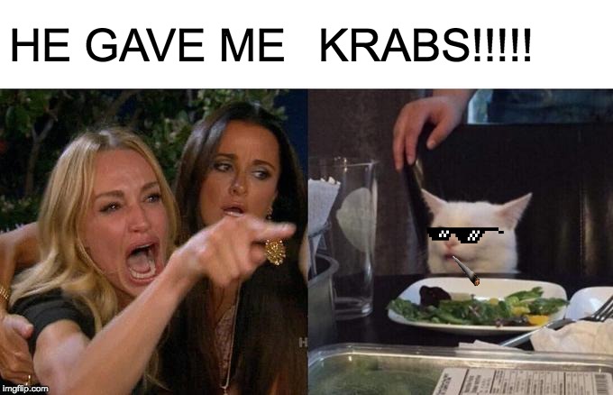Woman Yelling At Cat | HE GAVE ME; KRABS!!!!! | image tagged in memes,woman yelling at cat | made w/ Imgflip meme maker