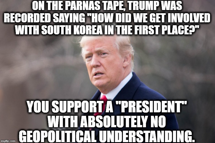 You Can't Argue With It. It's On Tape. | ON THE PARNAS TAPE, TRUMP WAS RECORDED SAYING "HOW DID WE GET INVOLVED WITH SOUTH KOREA IN THE FIRST PLACE?"; YOU SUPPORT A "PRESIDENT" WITH ABSOLUTELY NO GEOPOLITICAL UNDERSTANDING. | image tagged in donald trump,politics,south korea,idiot,impeach trump,moron | made w/ Imgflip meme maker