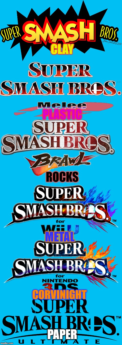 what every smash game is made out of | CLAY; PLASTIC; ROCKS; METAL; CORVINIGHT; PAPER | image tagged in super smash bros | made w/ Imgflip meme maker