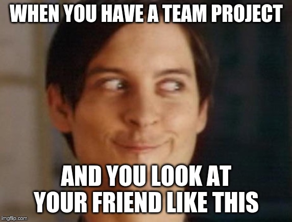 Spiderman Peter Parker Meme | WHEN YOU HAVE A TEAM PROJECT; AND YOU LOOK AT YOUR FRIEND LIKE THIS | image tagged in memes,spiderman peter parker | made w/ Imgflip meme maker