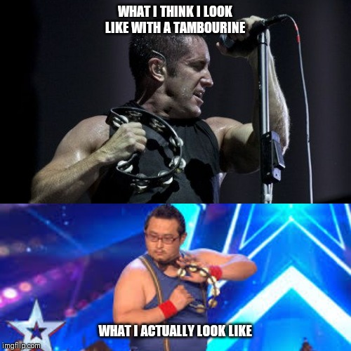 Tambourine Rock | WHAT I THINK I LOOK LIKE WITH A TAMBOURINE; WHAT I ACTUALLY LOOK LIKE | image tagged in nin | made w/ Imgflip meme maker