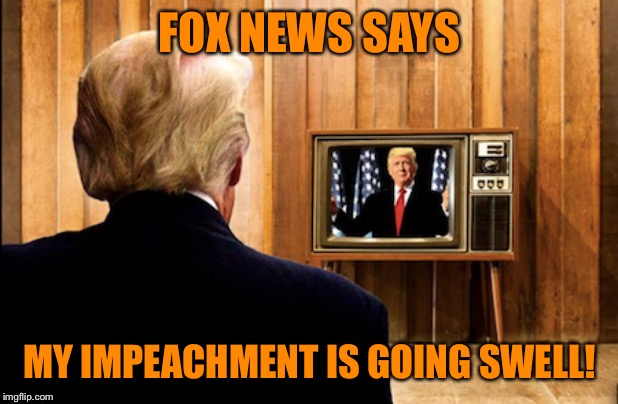 More cringing at Trump for not even bothering to attend his own impeachment trial — AND having enough time to watch and tweet it | FOX NEWS SAYS; MY IMPEACHMENT IS GOING SWELL! | image tagged in trump watching trump on tv | made w/ Imgflip meme maker