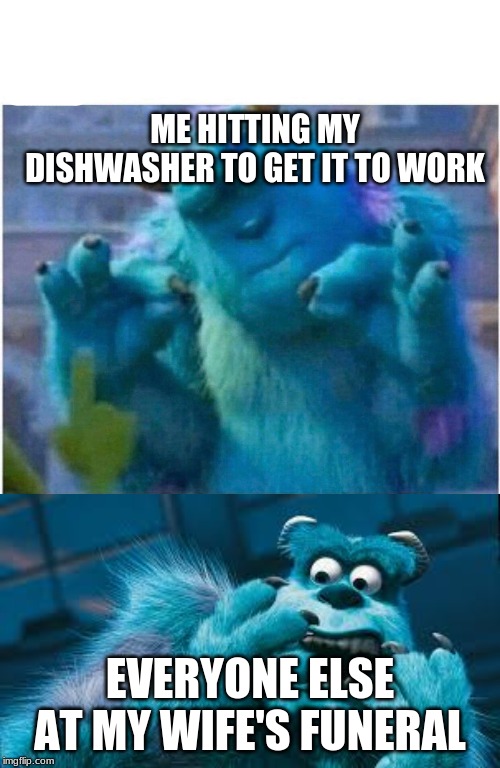 ME HITTING MY DISHWASHER TO GET IT TO WORK; EVERYONE ELSE AT MY WIFE'S FUNERAL | image tagged in pleased sulley | made w/ Imgflip meme maker