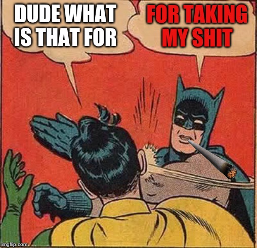 Batman Slapping Robin Meme | DUDE WHAT IS THAT FOR; FOR TAKING MY SHIT | image tagged in memes,batman slapping robin | made w/ Imgflip meme maker