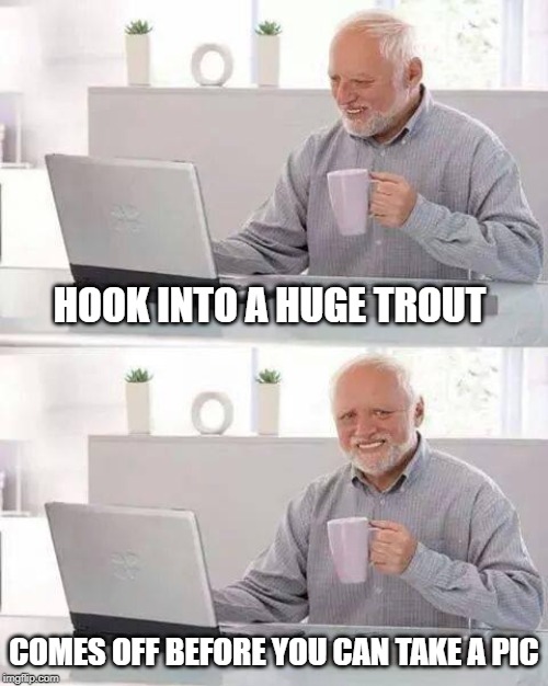 Hide the Pain Harold Meme | HOOK INTO A HUGE TROUT; COMES OFF BEFORE YOU CAN TAKE A PIC | image tagged in memes,hide the pain harold | made w/ Imgflip meme maker