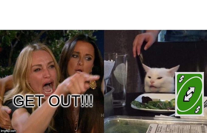 Woman Yelling At Cat | GET OUT!!! | image tagged in memes,woman yelling at cat | made w/ Imgflip meme maker