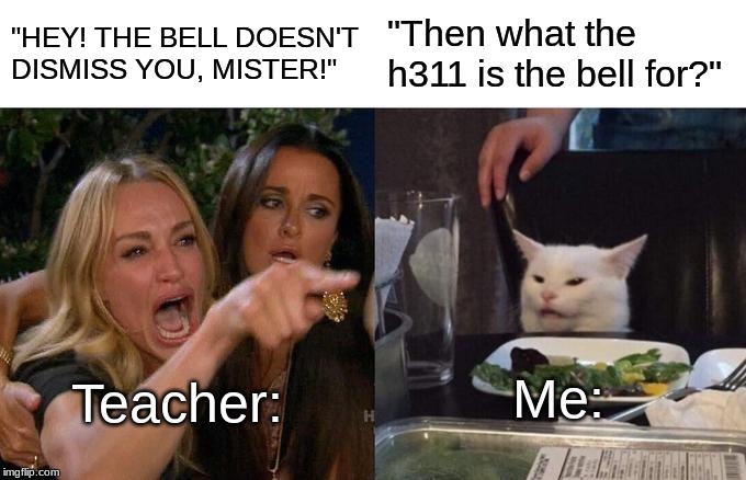 Woman Yelling At Cat Meme | "HEY! THE BELL DOESN'T DISMISS YOU, MISTER!"; "Then what the h311 is the bell for?"; Me:; Teacher: | image tagged in memes,woman yelling at cat,school,school meme | made w/ Imgflip meme maker