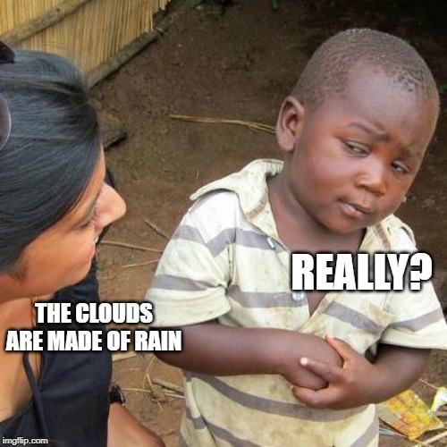 Third World Skeptical Kid | REALLY? THE CLOUDS ARE MADE OF RAIN | image tagged in memes,third world skeptical kid | made w/ Imgflip meme maker