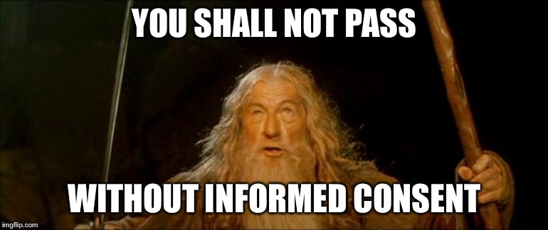 gandalf you shall not pass | YOU SHALL NOT PASS; WITHOUT INFORMED CONSENT | image tagged in gandalf you shall not pass | made w/ Imgflip meme maker