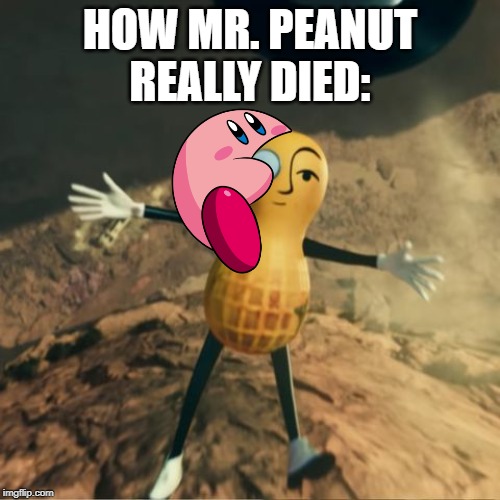 probably |  HOW MR. PEANUT REALLY DIED: | image tagged in mr peanut's death,kirby | made w/ Imgflip meme maker