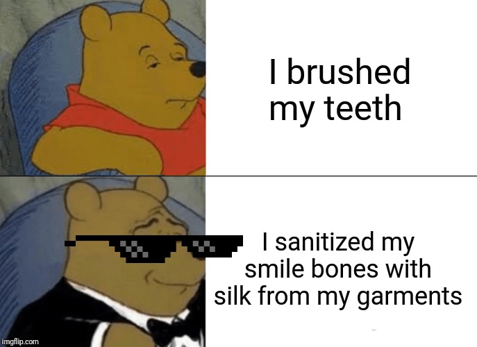 Tuxedo Winnie The Pooh | I brushed my teeth; I sanitized my smile bones with silk from my garments | image tagged in memes,tuxedo winnie the pooh | made w/ Imgflip meme maker