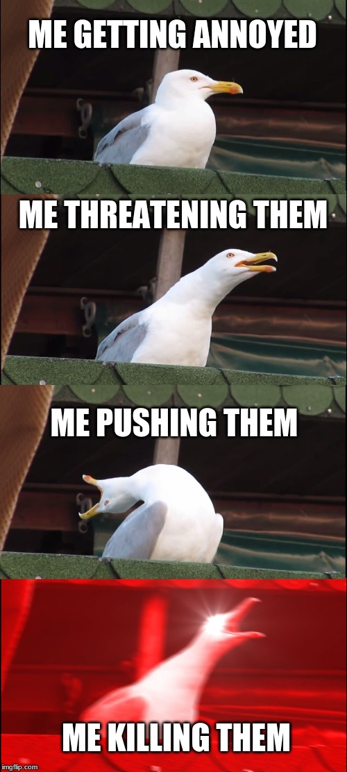 Inhaling Seagull Meme | ME GETTING ANNOYED; ME THREATENING THEM; ME PUSHING THEM; ME KILLING THEM | image tagged in memes,inhaling seagull | made w/ Imgflip meme maker