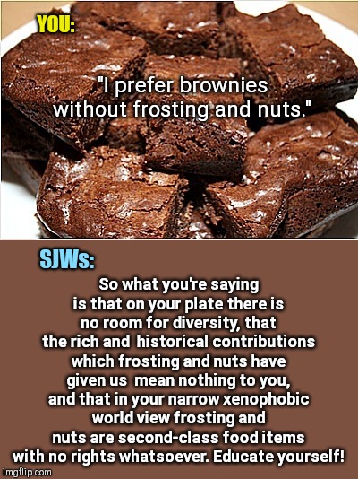 Social Justice Warriors on brownies | YOU:; "I prefer brownies without frosting and nuts."; So what you're saying is that on your plate there is no room for diversity, that the rich and  historical contributions which frosting and nuts have given us  mean nothing to you, and that in your narrow xenophobic world view frosting and nuts are second-class food items with no rights whatsoever. Educate yourself! SJWs: | image tagged in brownies,social justice warriors,fanatical,arguments,political humor,sjw | made w/ Imgflip meme maker