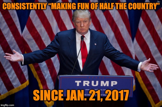 When they’d rather blame the country’s divisions on an anodyne left-leaning news channel rather than the man in the Oval Office | CONSISTENTLY “MAKING FUN OF HALF THE COUNTRY”; SINCE JAN. 21, 2017 | image tagged in donald trump,division,partisanship,trump,civil war,cnn | made w/ Imgflip meme maker