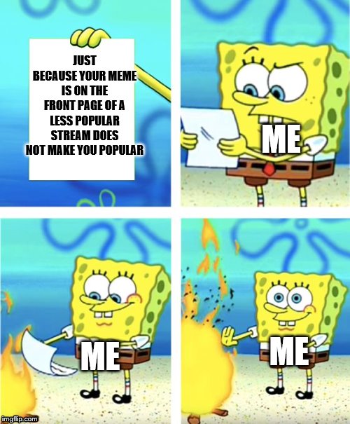 Spongebob Burning Paper | JUST BECAUSE YOUR MEME IS ON THE FRONT PAGE OF A LESS POPULAR STREAM DOES NOT MAKE YOU POPULAR; ME; ME; ME | image tagged in spongebob burning paper | made w/ Imgflip meme maker