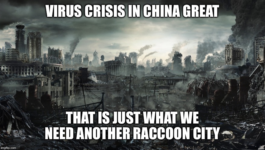 City Destroyed | VIRUS CRISIS IN CHINA GREAT; THAT IS JUST WHAT WE NEED ANOTHER RACCOON CITY | image tagged in city destroyed | made w/ Imgflip meme maker