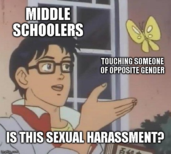 Kids my age really overreact when it comes to this. Or they just ship them. | MIDDLE SCHOOLERS; TOUCHING SOMEONE OF OPPOSITE GENDER; IS THIS SEXUAL HARASSMENT? | image tagged in memes,is this a pigeon | made w/ Imgflip meme maker