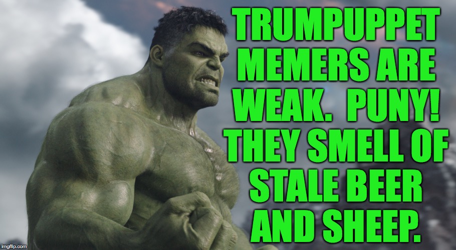 TRUMPUPPET
MEMERS ARE
WEAK.  PUNY!
THEY SMELL OF
STALE BEER
AND SHEEP. | made w/ Imgflip meme maker