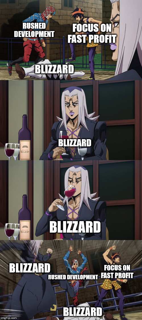 Abbacchio joins in the fun | RUSHED DEVELOPMENT; FOCUS ON FAST PROFIT; BLIZZARD; BLIZZARD; BLIZZARD; BLIZZARD; FOCUS ON FAST PROFIT; RUSHED DEVELOPMENT; BLIZZARD | image tagged in abbacchio joins in the fun | made w/ Imgflip meme maker