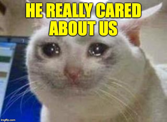 Sad cat | HE REALLY CARED
ABOUT US | image tagged in sad cat | made w/ Imgflip meme maker