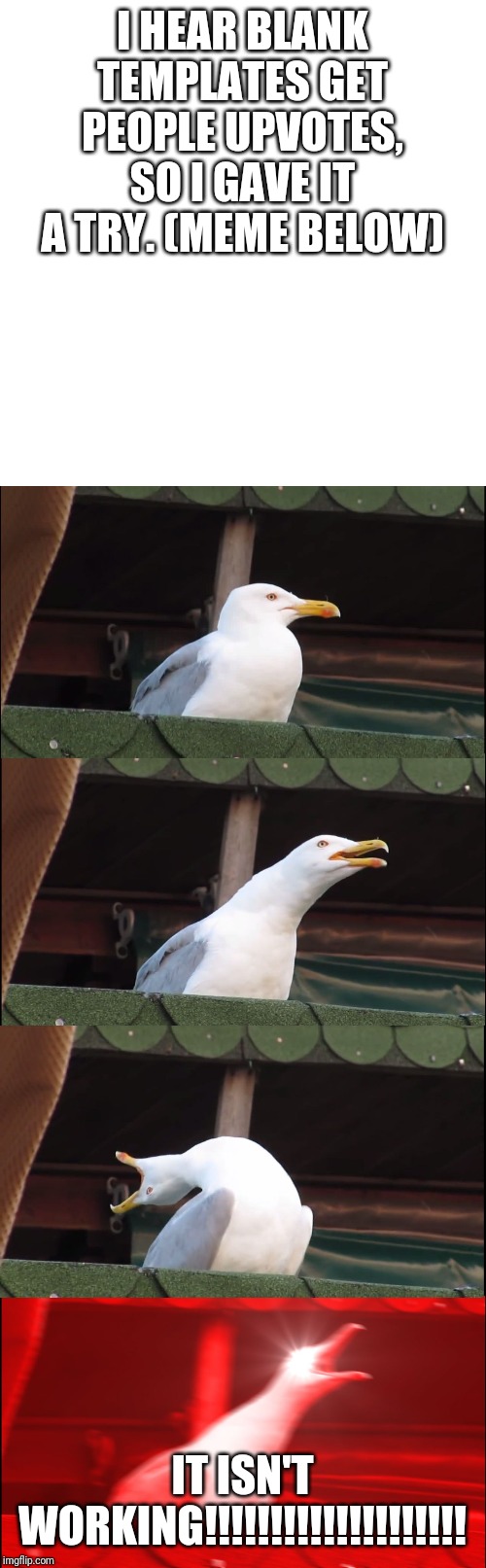 I HEAR BLANK TEMPLATES GET PEOPLE UPVOTES, SO I GAVE IT A TRY. (MEME BELOW); IT ISN'T WORKING!!!!!!!!!!!!!!!!!!!! | image tagged in memes,inhaling seagull,blank transparent square | made w/ Imgflip meme maker