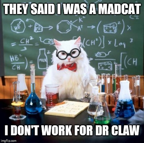 Chemistry Cat Meme | THEY SAID I WAS A MADCAT; I DON'T WORK FOR DR CLAW | image tagged in memes,chemistry cat | made w/ Imgflip meme maker