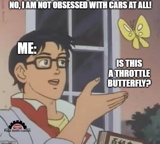Not obsessed at all. | NO, I AM NOT OBSESSED WITH CARS AT ALL! ME:; IS THIS A THROTTLE BUTTERFLY? | image tagged in memes,is this a pigeon,butterfly,cars,car memes,obsessed | made w/ Imgflip meme maker