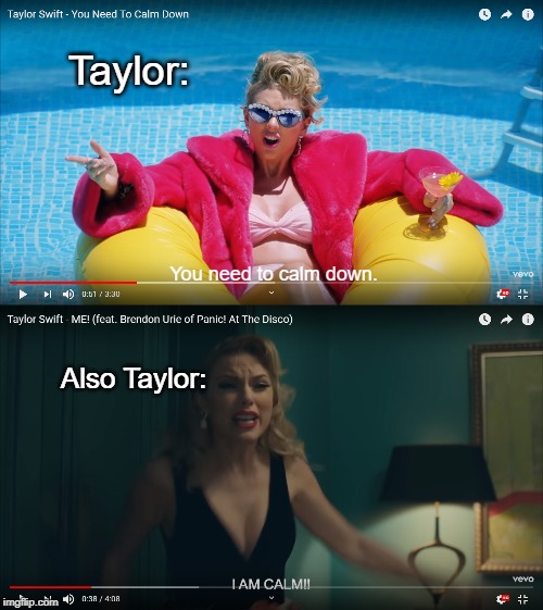 Something tells me Taylor Swift has self-control issues. | Taylor:; You need to calm down. Also Taylor: | image tagged in taylor swift,calm down | made w/ Imgflip meme maker
