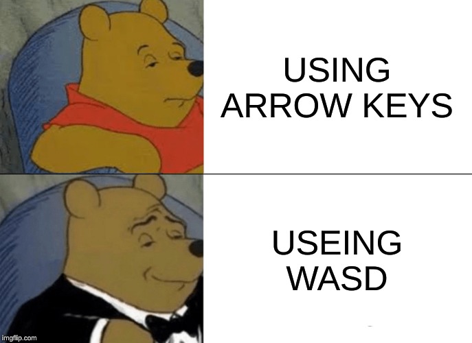 Tuxedo Winnie The Pooh Meme | USING ARROW KEYS; USING WASD | image tagged in memes,tuxedo winnie the pooh | made w/ Imgflip meme maker