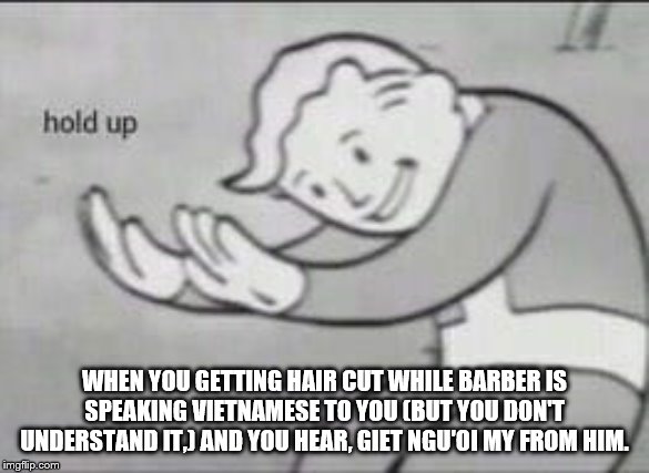 Fallout Hold Up | WHEN YOU GETTING HAIR CUT WHILE BARBER IS SPEAKING VIETNAMESE TO YOU (BUT YOU DON'T UNDERSTAND IT,) AND YOU HEAR, GIET NGU'OI MY FROM HIM. | image tagged in fallout hold up | made w/ Imgflip meme maker