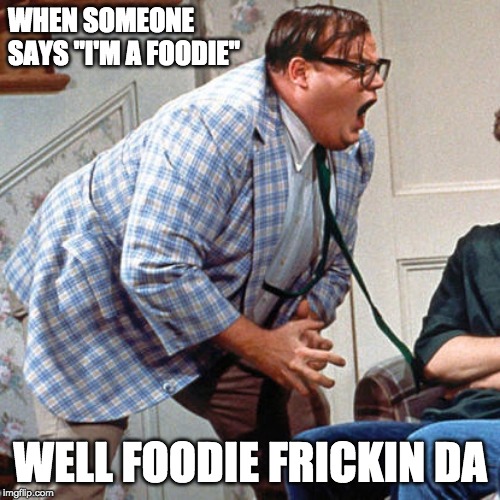 Chris Farley For the love of god | WHEN SOMEONE SAYS "I'M A FOODIE"; WELL FOODIE FRICKIN DA | image tagged in chris farley for the love of god | made w/ Imgflip meme maker