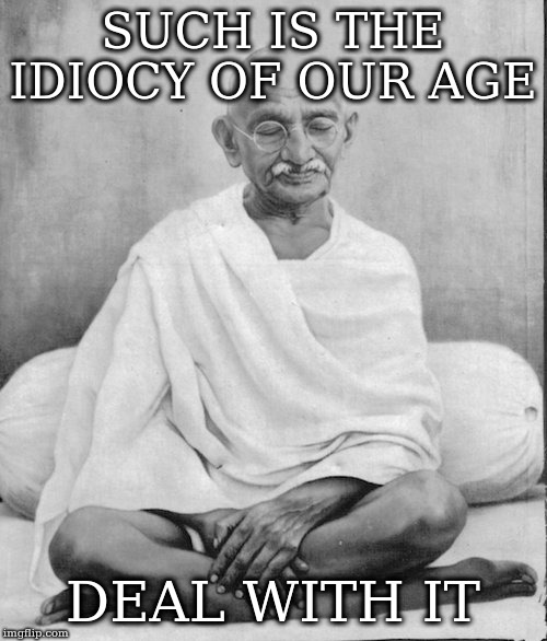 good advice, dont despair deal with it | SUCH IS THE IDIOCY OF OUR AGE DEAL WITH IT | image tagged in gandhi meditation | made w/ Imgflip meme maker