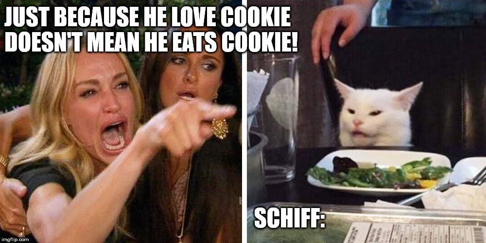 Smudge the cat | JUST BECAUSE HE LOVE COOKIE DOESN'T MEAN HE EATS COOKIE! SCHIFF: | image tagged in smudge the cat | made w/ Imgflip meme maker