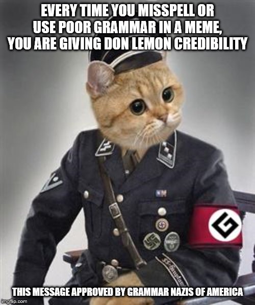 Don't feed the beast! CNN is trying to bring you down. | EVERY TIME YOU MISSPELL OR USE POOR GRAMMAR IN A MEME, YOU ARE GIVING DON LEMON CREDIBILITY; THIS MESSAGE APPROVED BY GRAMMAR NAZIS OF AMERICA | image tagged in grammar nazi cat,funny memes,politics,don lemon,arrogant rich man | made w/ Imgflip meme maker