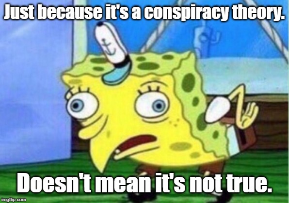 Mocking Spongebob | Just because it's a conspiracy theory. Doesn't mean it's not true. | image tagged in memes,mocking spongebob | made w/ Imgflip meme maker