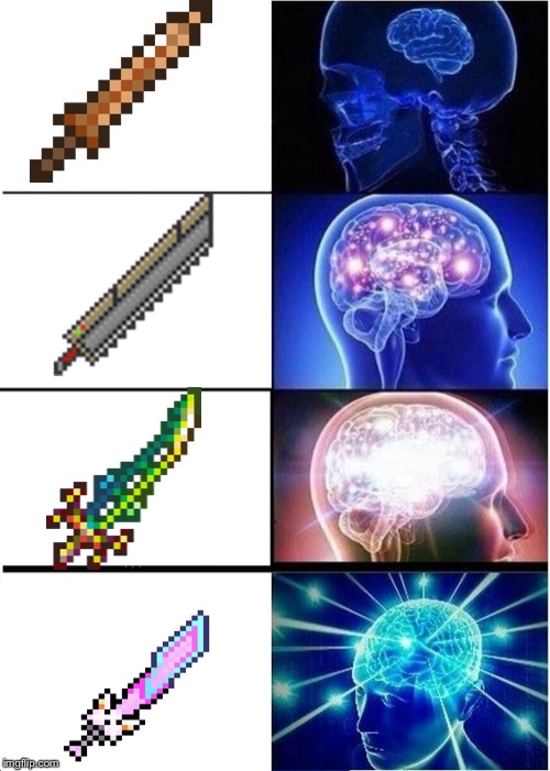 Copper short sword | image tagged in memes,expanding brain,terraria | made w/ Imgflip meme maker