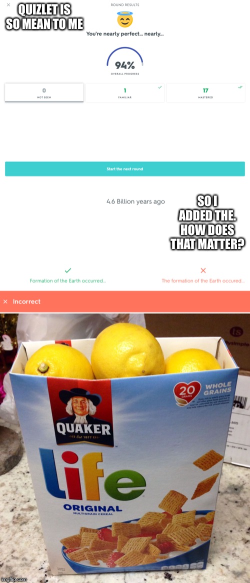 QUIZLET IS SO MEAN TO ME; SO I ADDED THE. HOW DOES THAT MATTER? | image tagged in when life gives you lemons | made w/ Imgflip meme maker