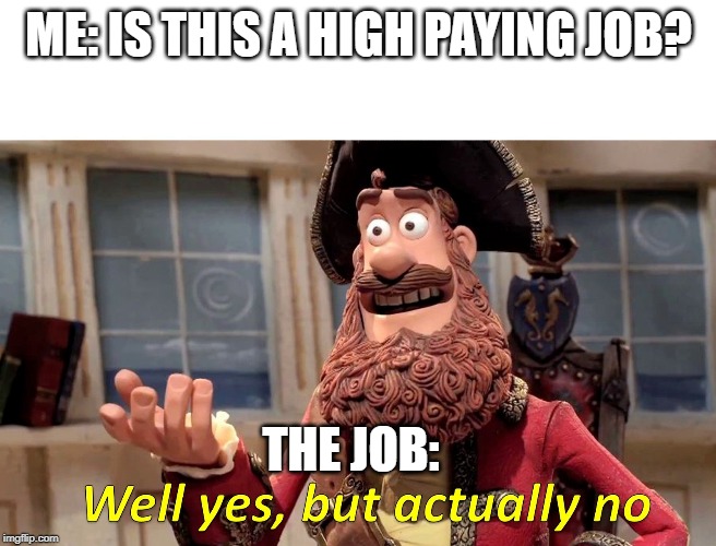 Well yes, but actually no | ME: IS THIS A HIGH PAYING JOB? THE JOB: | image tagged in well yes but actually no | made w/ Imgflip meme maker
