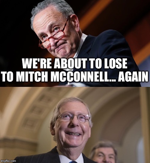 Hey Chuck... Take a hint and just retire. | WE'RE ABOUT TO LOSE TO MITCH MCCONNELL... AGAIN | image tagged in chuck schumer,mitch mcconnell,ConservativeMemes | made w/ Imgflip meme maker