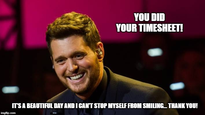 Buble TImesheet Reminder | YOU DID YOUR TIMESHEET! IT'S A BEAUTIFUL DAY AND I CAN'T STOP MYSELF FROM SMILING... THANK YOU! | image tagged in buble timesheet reminder,timesheet reminder,meme,it's a beautiful day,funny meme | made w/ Imgflip meme maker
